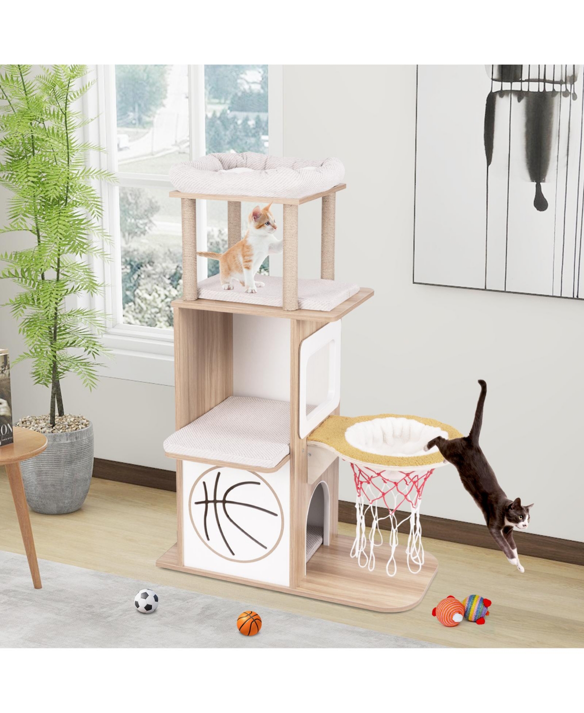 Skonyon 47 Inches Wooden Cat Tree with 2-Story Cat Condo and Basketball Hoop Hammock