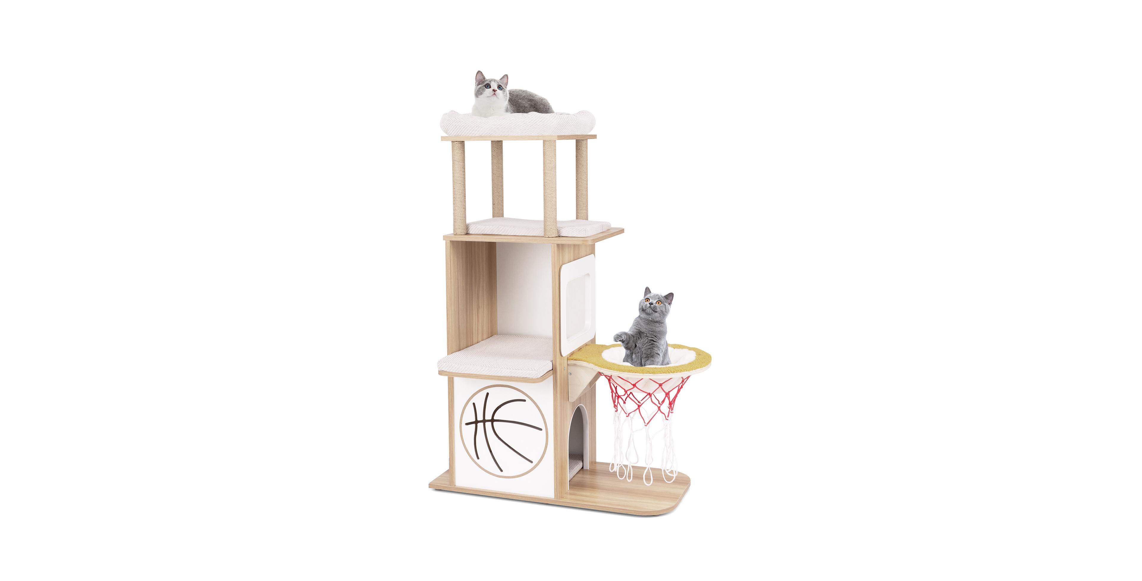 Skonyon 47 Inches Wooden Cat Tree with 2-Story Cat Condo and Basketball Hoop Hammock