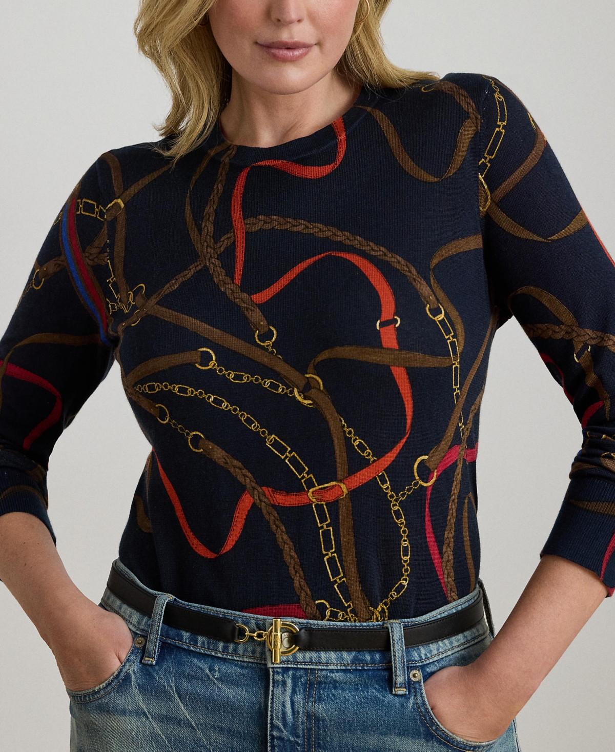 Ralph Lauren Plus Size Belting-print Long-sleeve Sweater In Multi