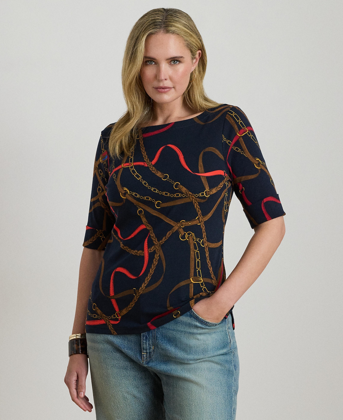 Ralph Lauren Plus Size Belting Print Boat Neck T-shirt In Multi