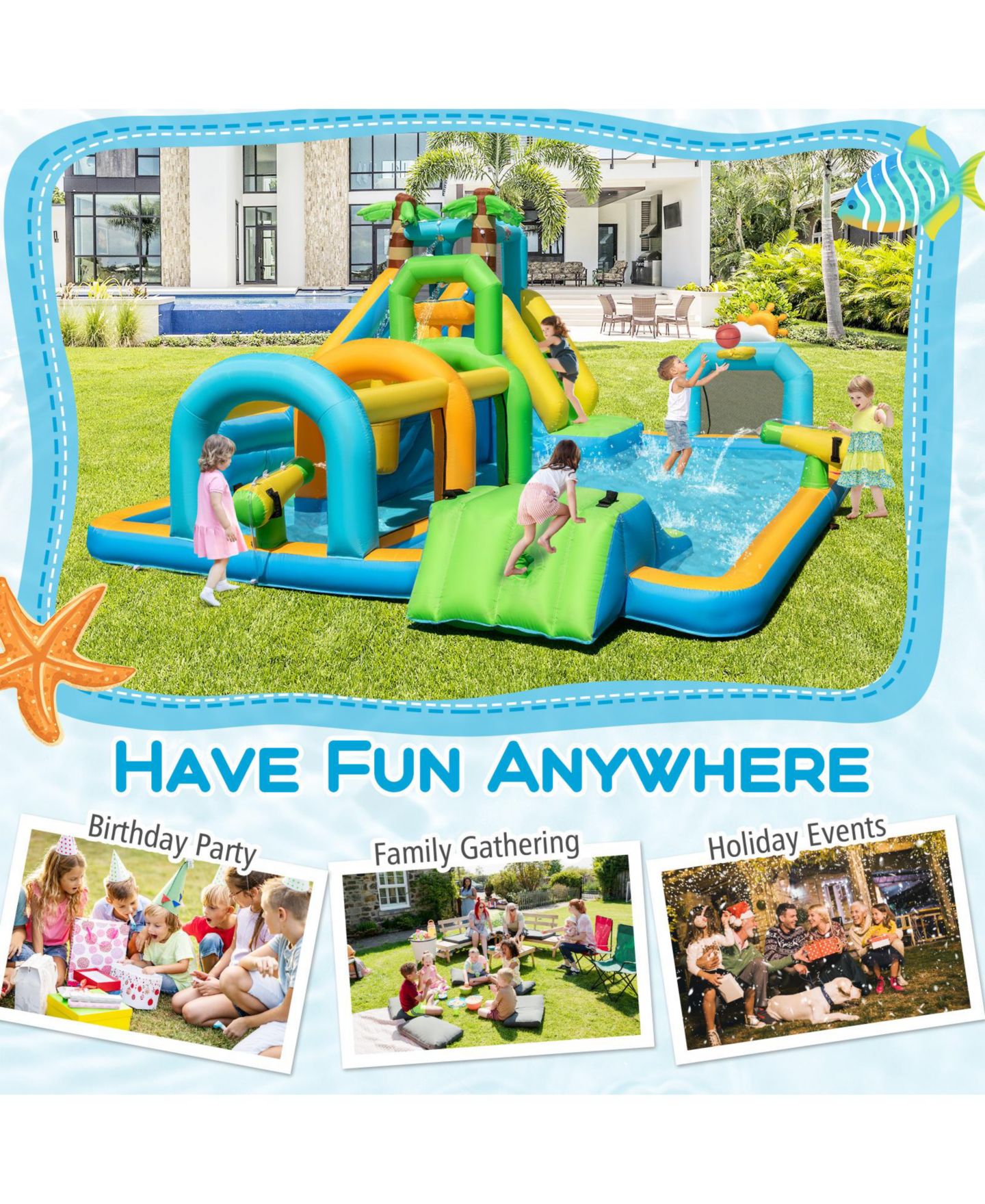 Детская игрушка SKONYON Tropical Dual Slide Aqua Park Inflatable Water Slide, Accommodates Up to 5 Children, Ages 3-12, цвет: Синий — фото 2