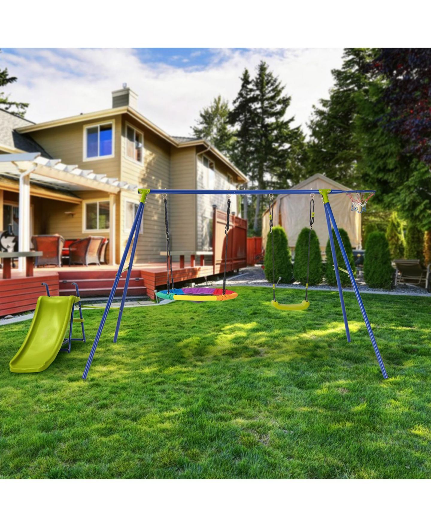 Детский игровой набор SKONYON 4-in-1 Adjustable Metal Playset with Slide, Basketball Hoop & Swings, Ages 3-12, цвет: Синий — фото 8