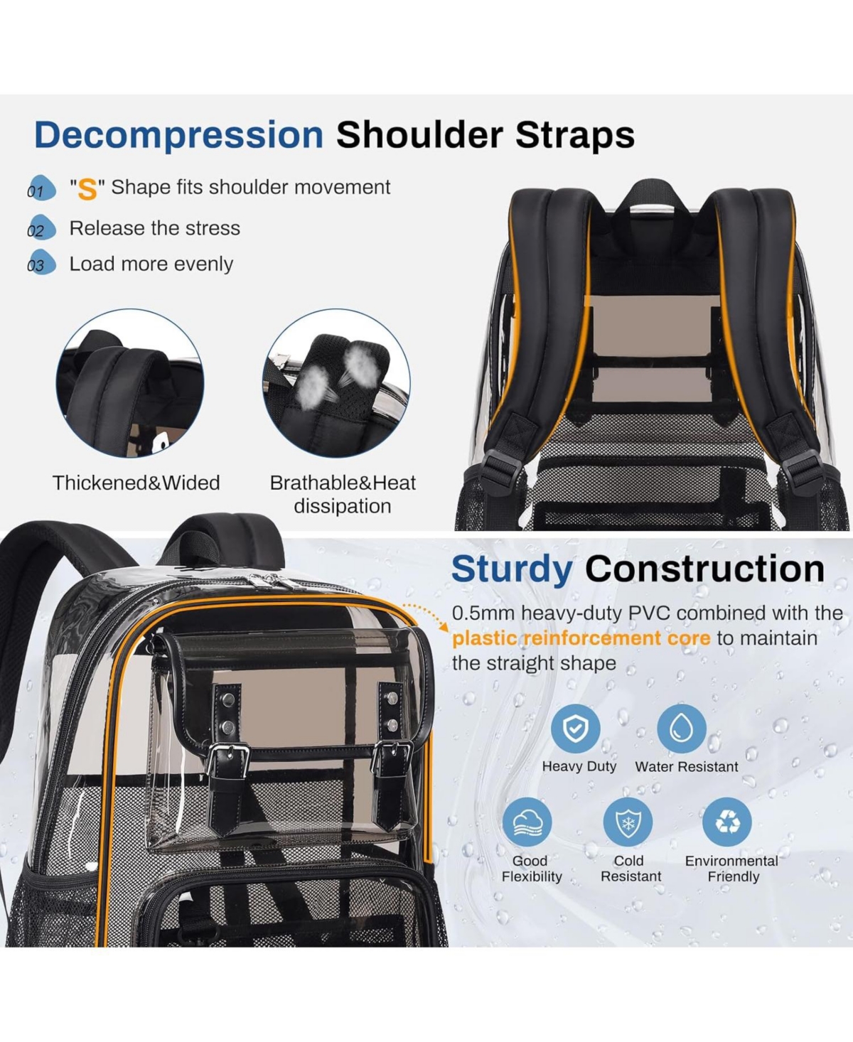 Batfox Clear Backpack Heavy Duty, Pvc Clear Bookbag Transparent Backpack See Through Bag for Stadium College for Adult Men Women, Semi-Black