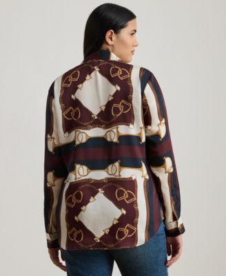 Plus Size Equestrian-Print Twill Long-Sleeve Shirt