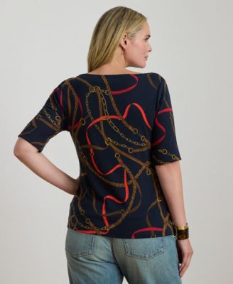 Plus Size Print Stretch Boat Neck T-Shirt