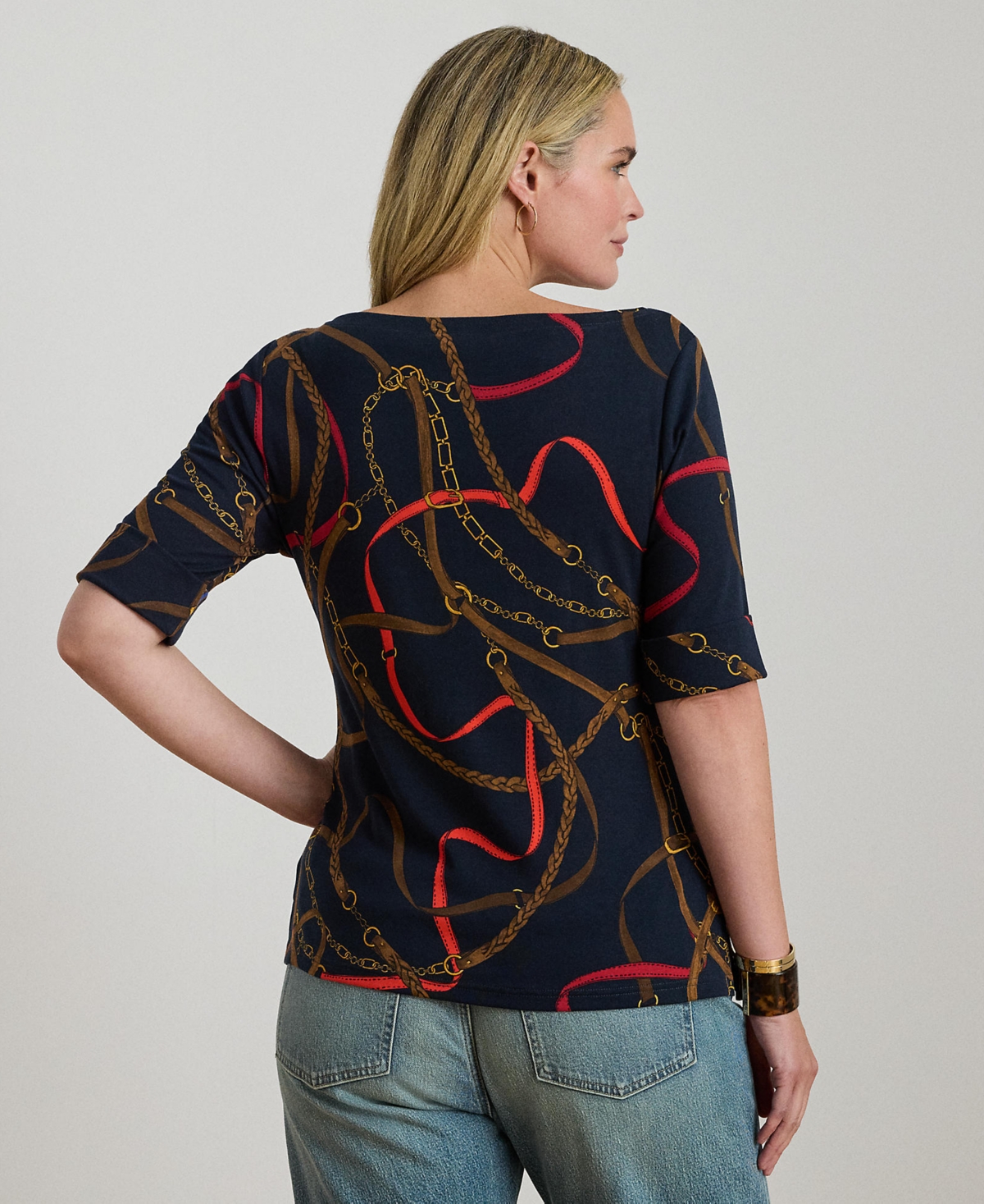 Ralph Lauren Plus Size Belting Print Boat Neck T-shirt In Multi