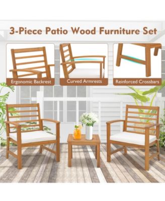 3PCS Furniture Set Acacia Wood Conversation Set w/ Soft Seat Cushions Outdoor White
