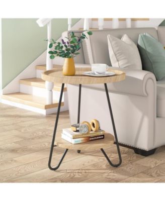 Set of 2 Round Side Table, 2-Tier End Table with Metal Legs, Modern Industrial Beside Table, Small Accent Table Snack Table for Living Room, Bedroom, Small Space