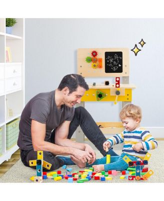 Wooden Pretend Play Workbench Set with Blackboard for Toddlers Ages 3+