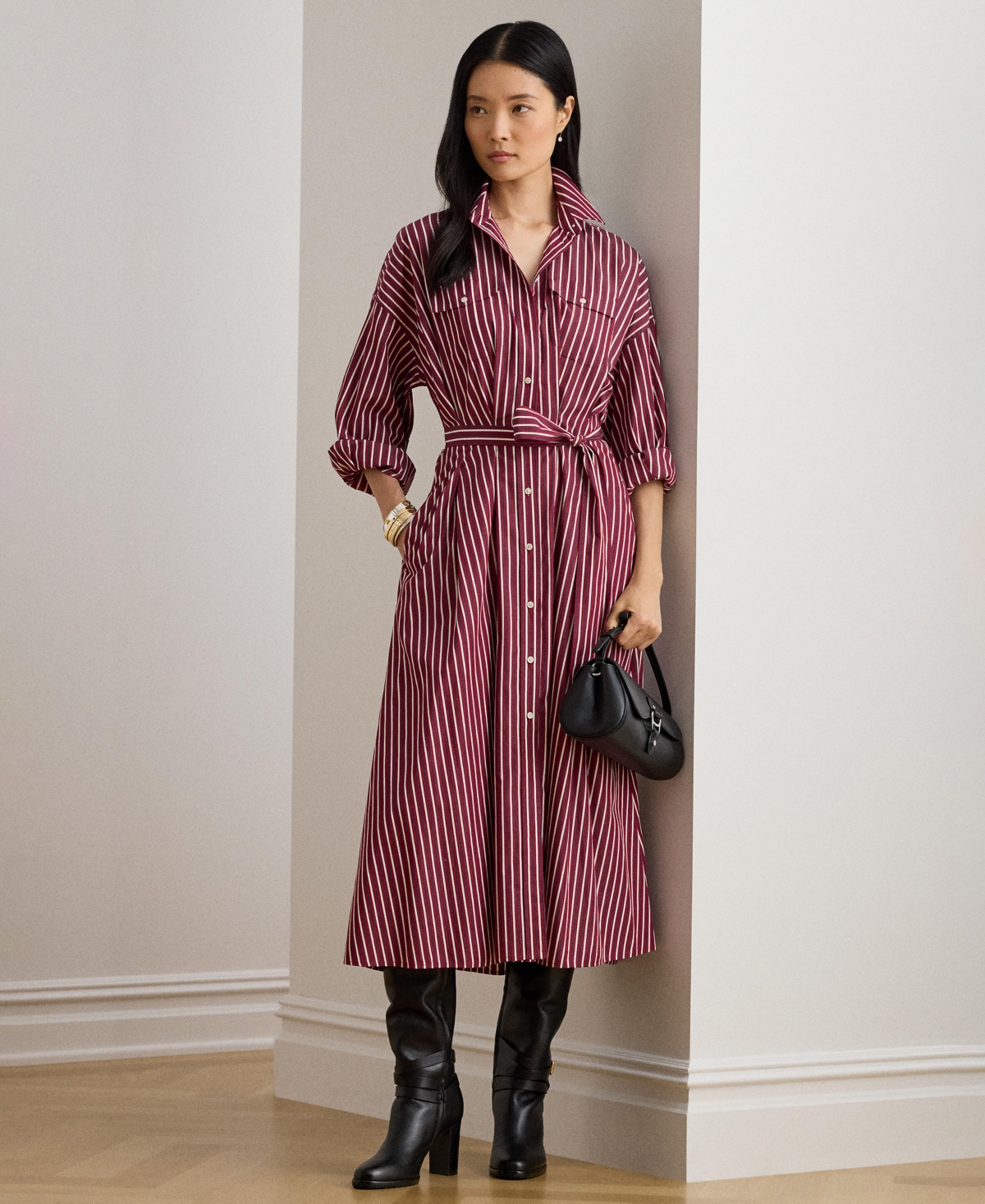 Lauren Ralph Women's Striped Belted Broadcloth Shirt dress