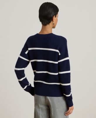 Women's Striped Rib-Knit Cotton Crew Neck Sweater