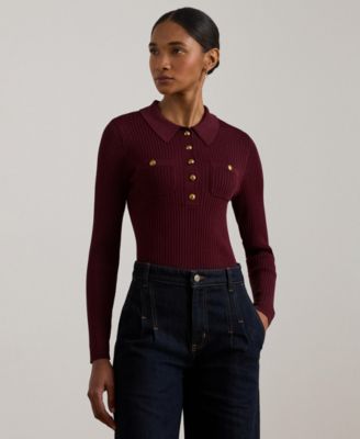 Women's Rib-Knit Long-Sleeve Polo Sweater