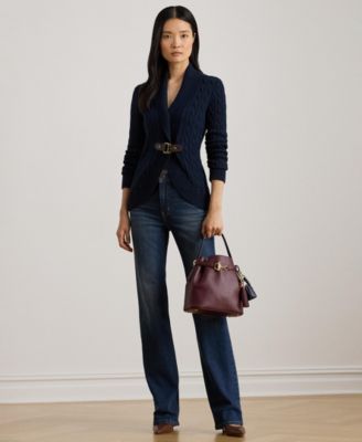 Women's Buckle-Trim Cable Shawl-Collar Cardigan