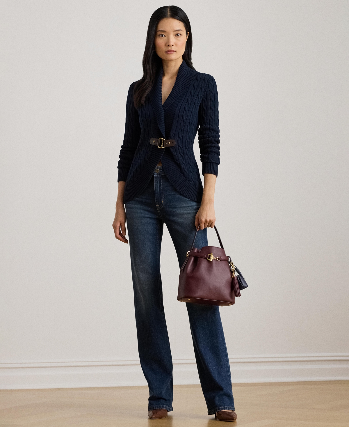 Ralph Lauren Lauren  Buckle Cable Stitch Cotton Cardigan In Multi