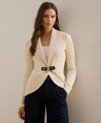 Women's Buckle-Trim Cable Shawl-Collar Cardigan