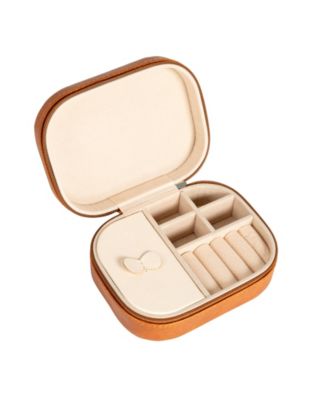 Small Leather Travel Jewelry Organizer Box, Caramel Color