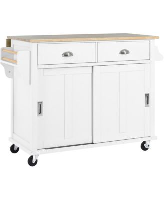 Rubber Wood Kitchen Cart with Drop Leaf, Sliding Barn Door and 2 Drawers