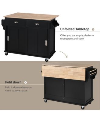Rubber Wood Kitchen Cart with Drop Leaf, Sliding Barn Door and 2 Drawers