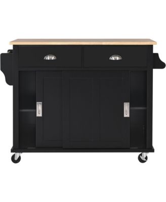 Rubber Wood Kitchen Cart with Drop Leaf, Sliding Barn Door and 2 Drawers
