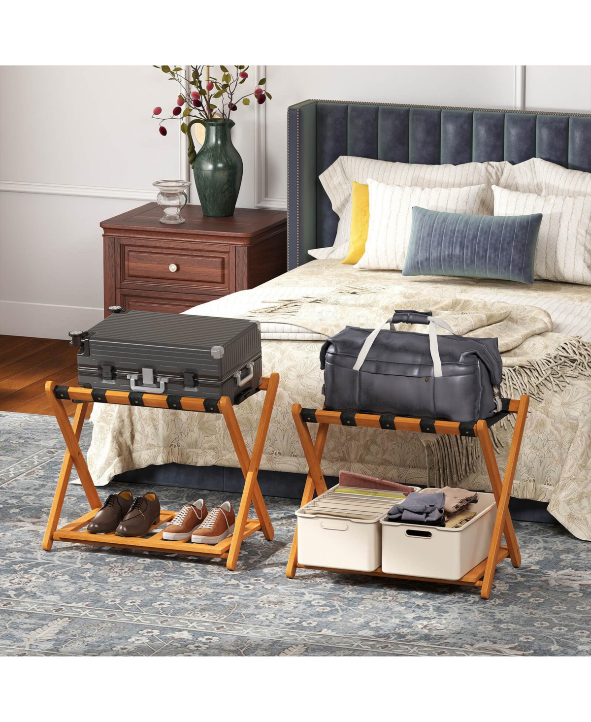 Costway Folding Luggage Racks with Storage Shelf & 5 Nylon Straps Luggage Holder