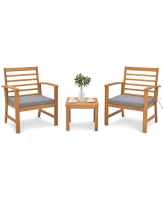 3PCS Furniture Set Acacia Wood Conversation Set w/ Soft Seat Cushions Outdoor Gray