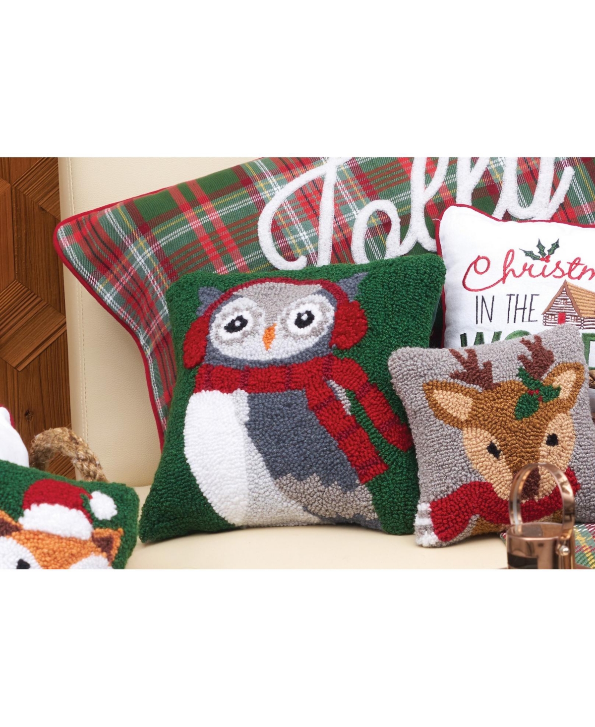 C&F Home 18" x18" Winter Owl Wearing Ear Muff and Scarf on Green Background Cotton Hooked Pillow Accent Throw Pillow