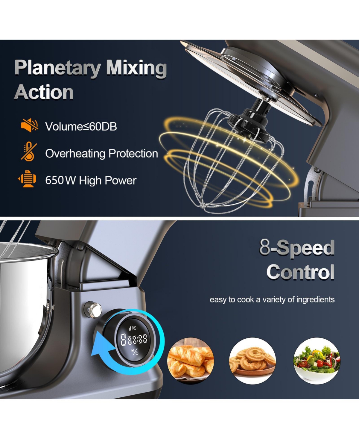 Sugift 6.5 Qt Tilt-Head 6 Speed Electric Food Stand Mixer with Egg Whisk, Dough Hook & Flat Beater