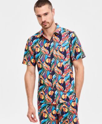 Men's Toucan Printed Button-Down Swim Shirt