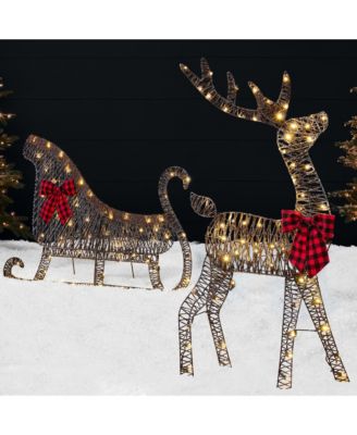 Lighted 2D Reindeer & Sleigh Set Outdoor Decor w/ Warm White LED Lights
