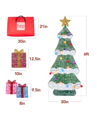 6ft Lighted 2D Christmas Tree Outdoor Decor w/ 170 LED Lights, Gift Boxes, Storage Bag
