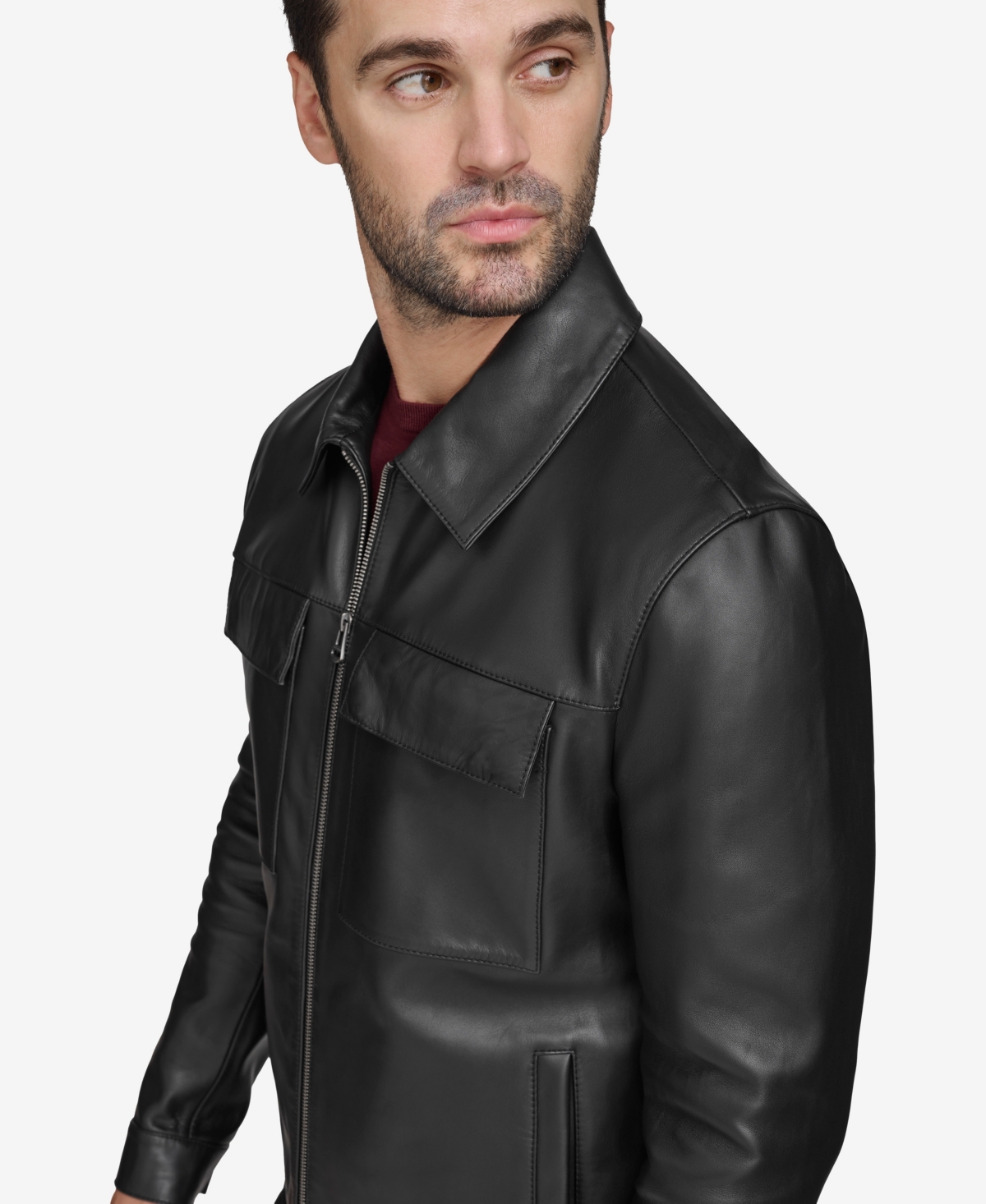 Cole Haan Leather Trucker Jacket In Black