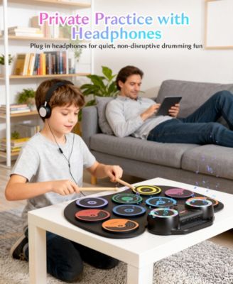 Colorful Roll-Up Electronic Drum Set with Flashing Lights, Dual Speakers & Headphone Jack for Kids