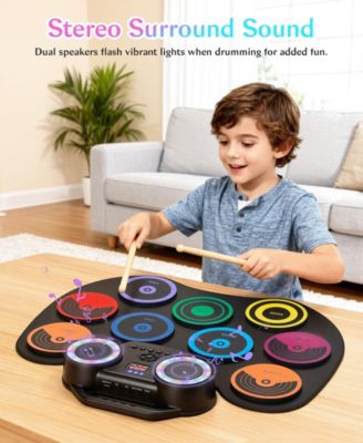 Colorful Roll-Up Electronic Drum Set with Flashing Lights, Dual Speakers & Headphone Jack for Kids