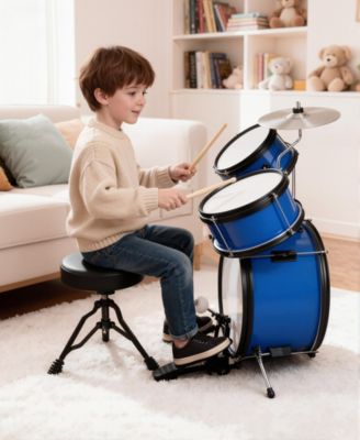 3-Piece Kids Drum Set with Adjustable Stool, Bass Pedal & Cymbal – Realistic Junior Drum Kit for Ages 3+