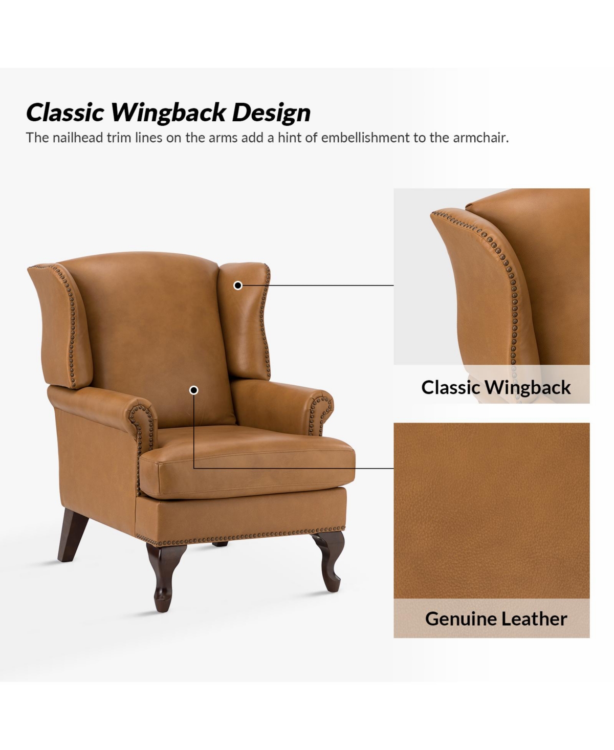 Helmuth Genuine Leather Armchair with Solid Wood Legs