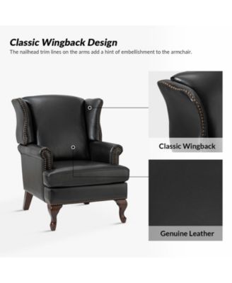 Helmuth Genuine Leather Wingback Armchair with Solid Wood Legs