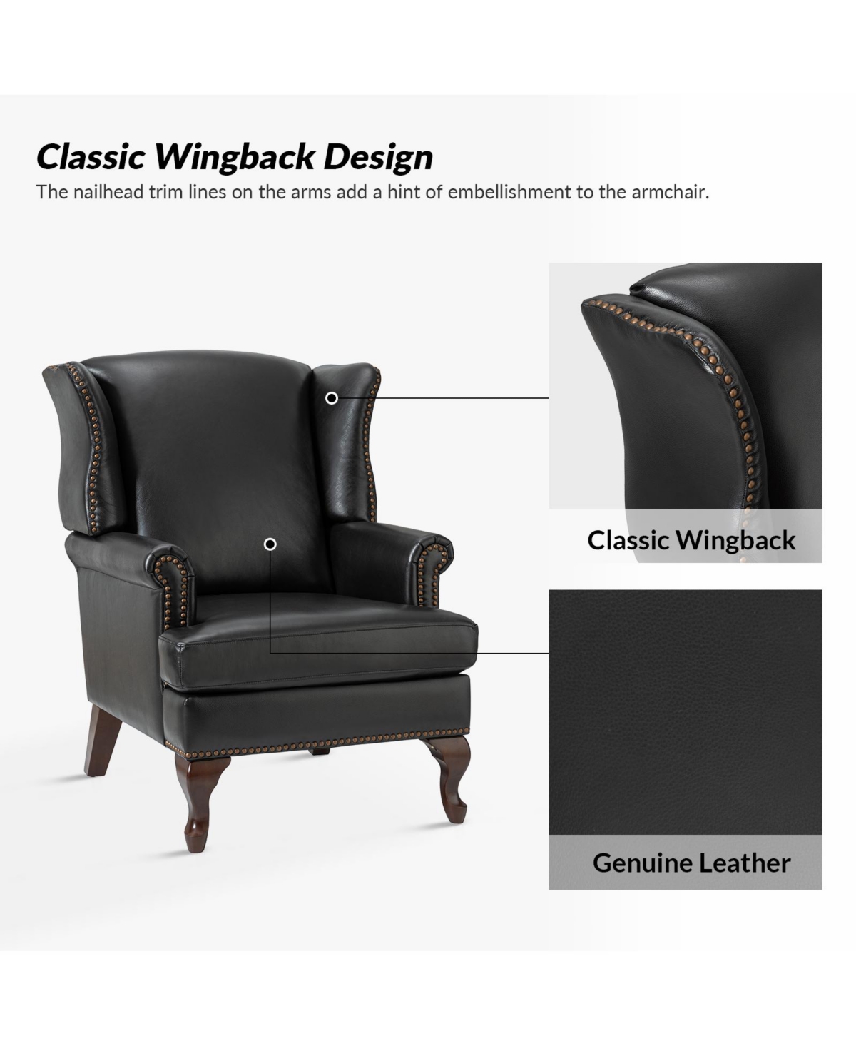 Helmuth Genuine Leather Armchair with Solid Wood Legs