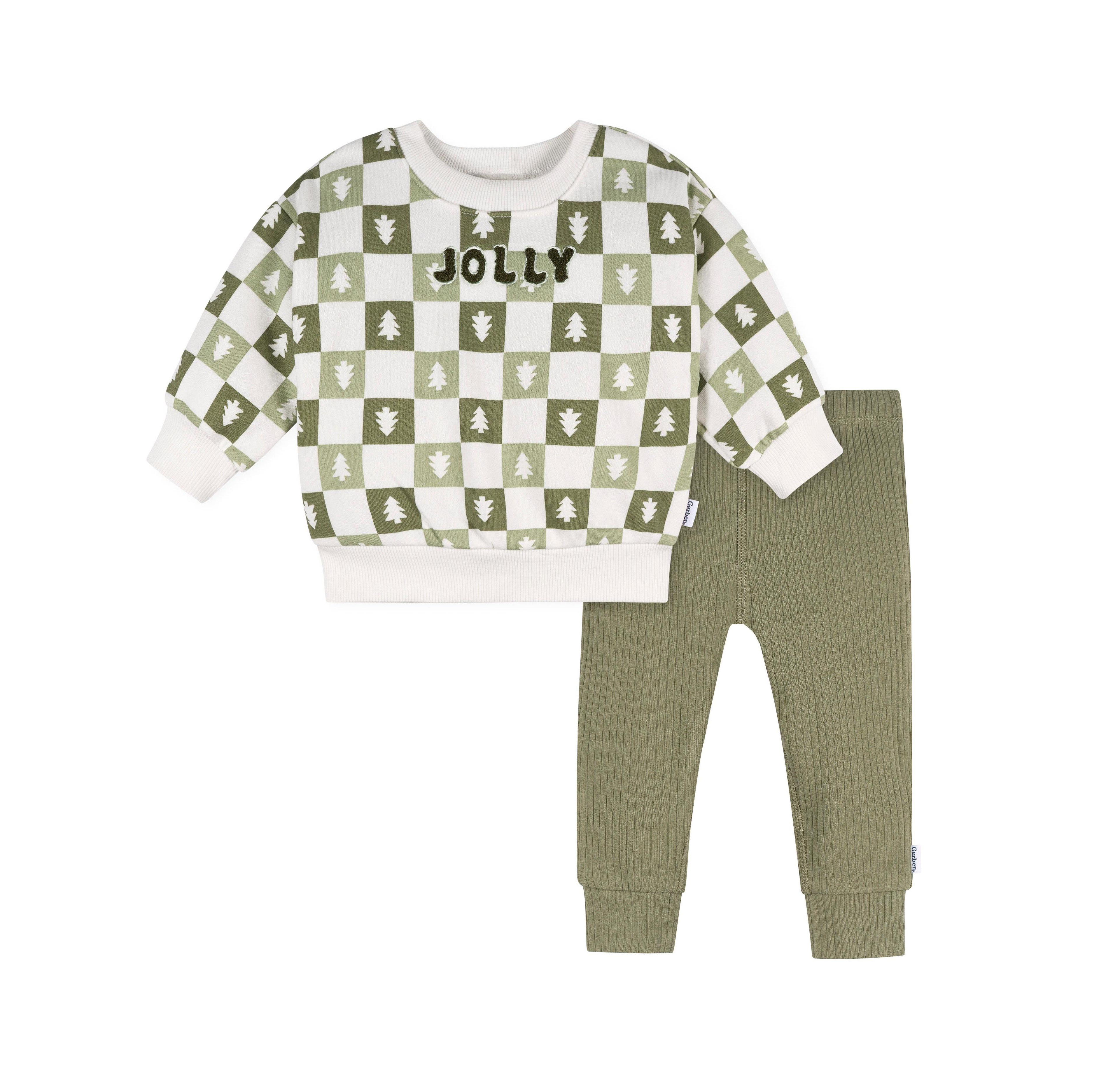 Gerber Baby Boys' 2-Piece Sweatshirt and Pant Set, Green Christmas