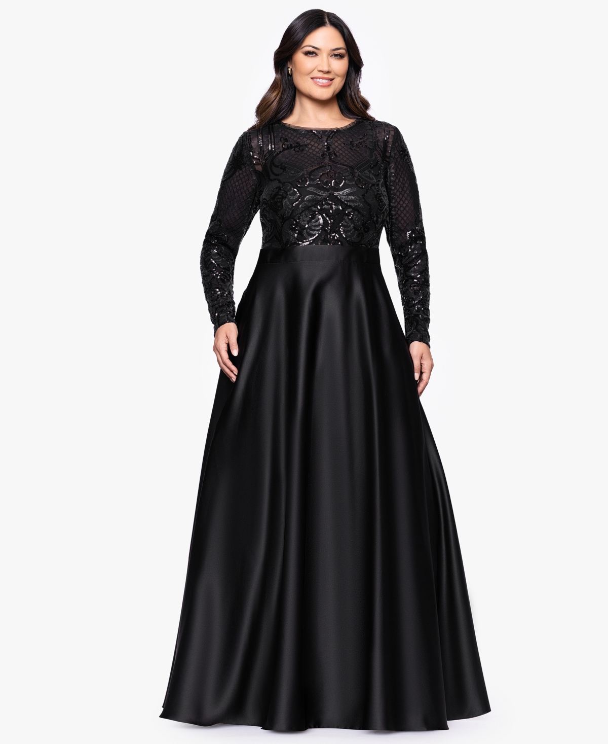 Betsy & Adam Plus Size Sequin Long-sleeve Ball Gown In Black