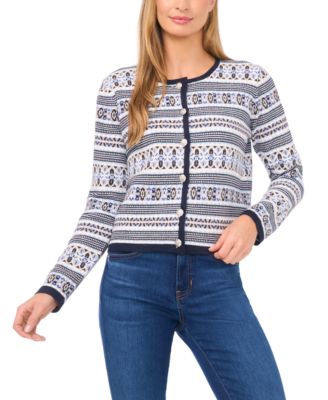 CeCe - Women's Striped Crewneck Cardigan