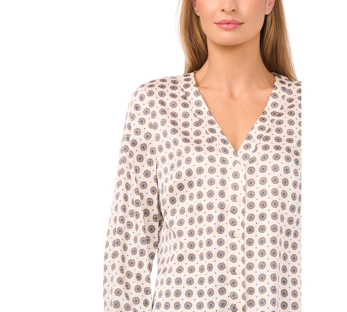 CeCe Women's V-Neck Button-Down Lace Flounce Top