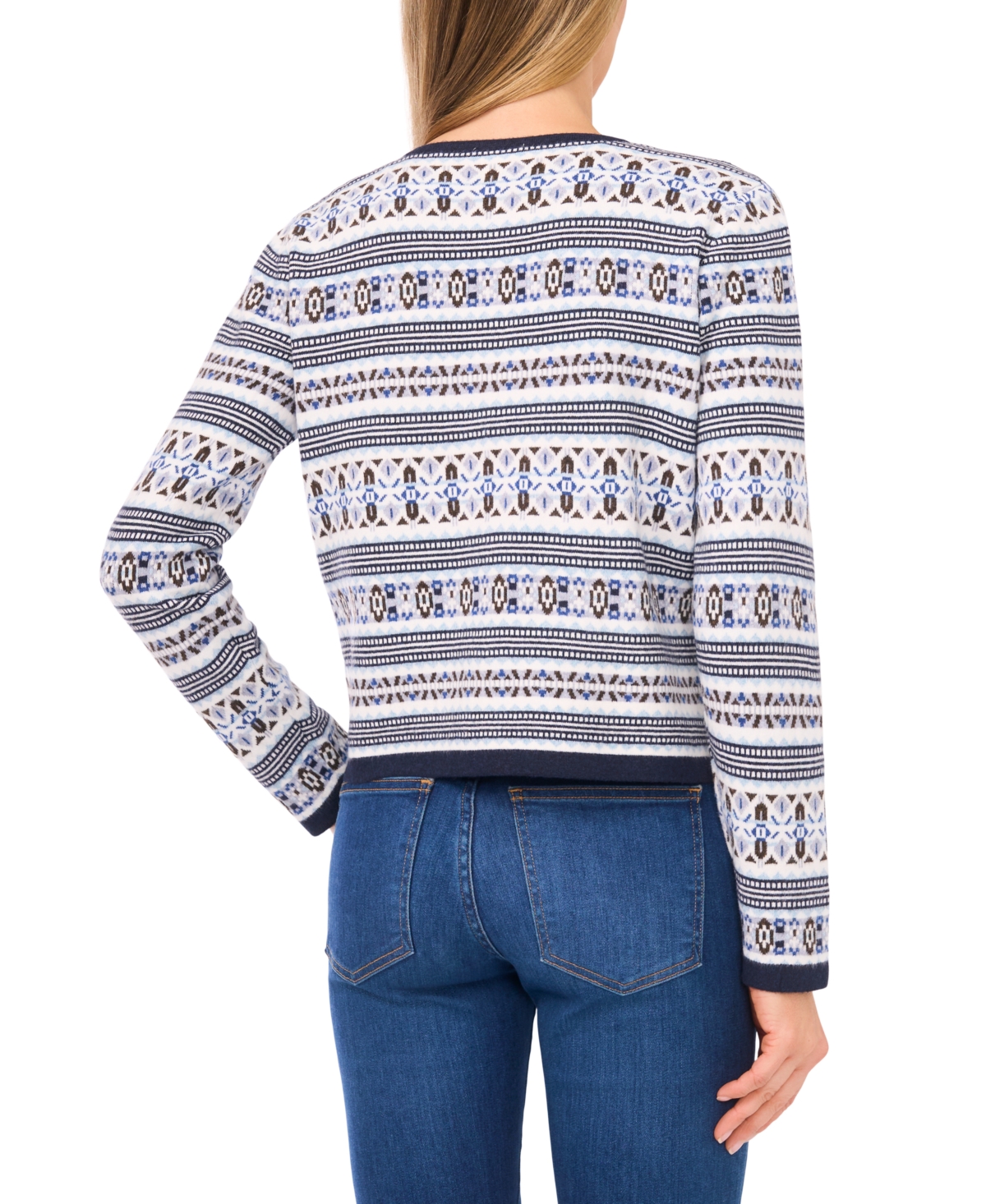 CeCe Women's Striped Crewneck Cardigan Sweater