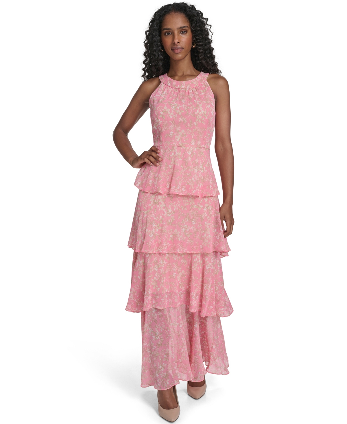 Tommy Hilfiger Women's Sleeveless Halter Neck Tiered Maxi Dress In Pink