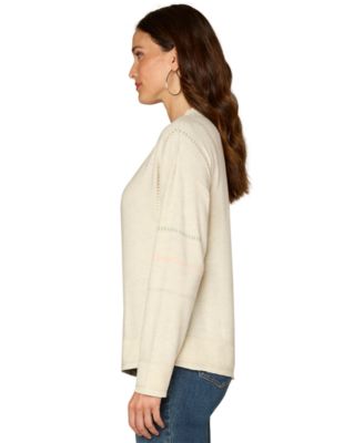 Petite Long-Sleeve Crewneck Mixed Media Knit Top