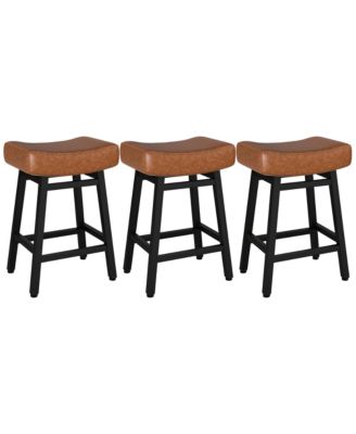 24 Inches Bar Stools Set of 3, Saddle Kitchen Stools with PU Leather Cushion Counter Height Barstools for Kitchen Dining Cafe