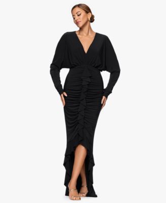 XSCAPE - Women's V-Neck Ruched Asymmetrical Hemline Long Dress