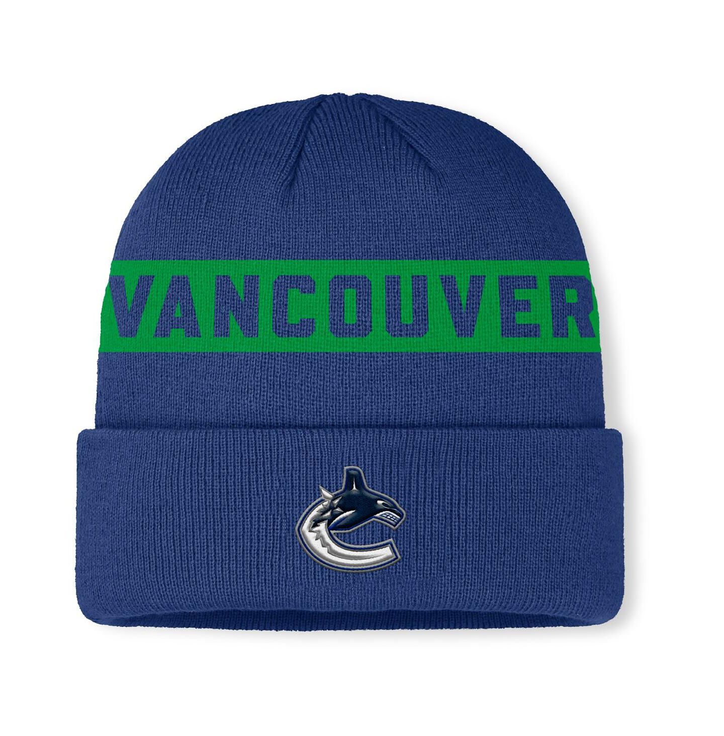 Мужская шапка Fanatics Blue Vancouver Canucks Authentic Pro Rink Cuffed Knit Hat — фото 1