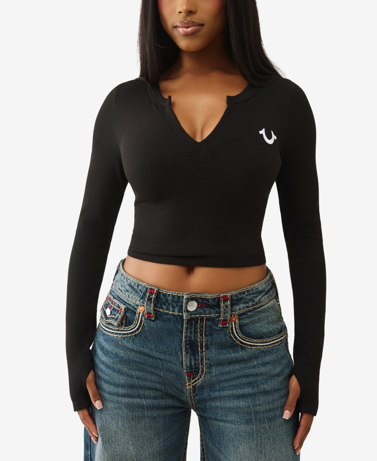 True Religion Women's Long Sleeve Seamless V Notch Top