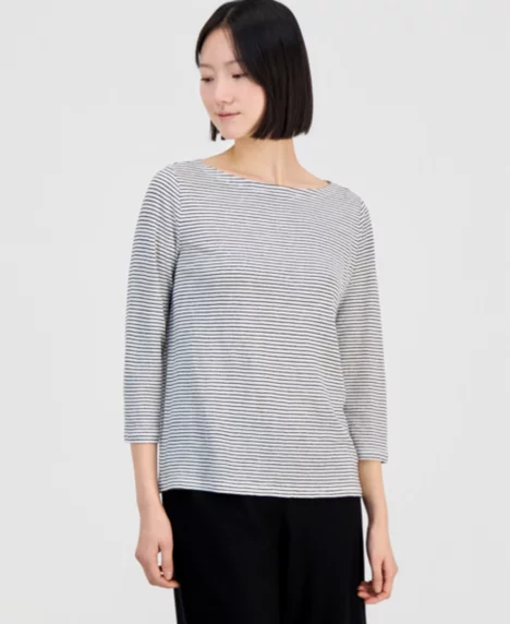 Women's Linen Textured Stripe Boat-Neck Top - White/ Black