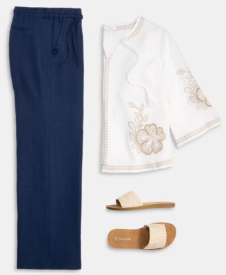 Women's Embroidered 100% Linen Split-Neck Tunic, Macy's Exclusive